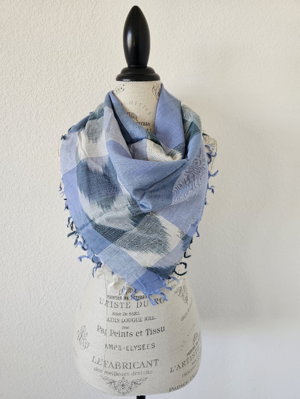 Vintage Glentex 100% Rayon Blue Ikat Plaid Square Scarf (32" x 32")​